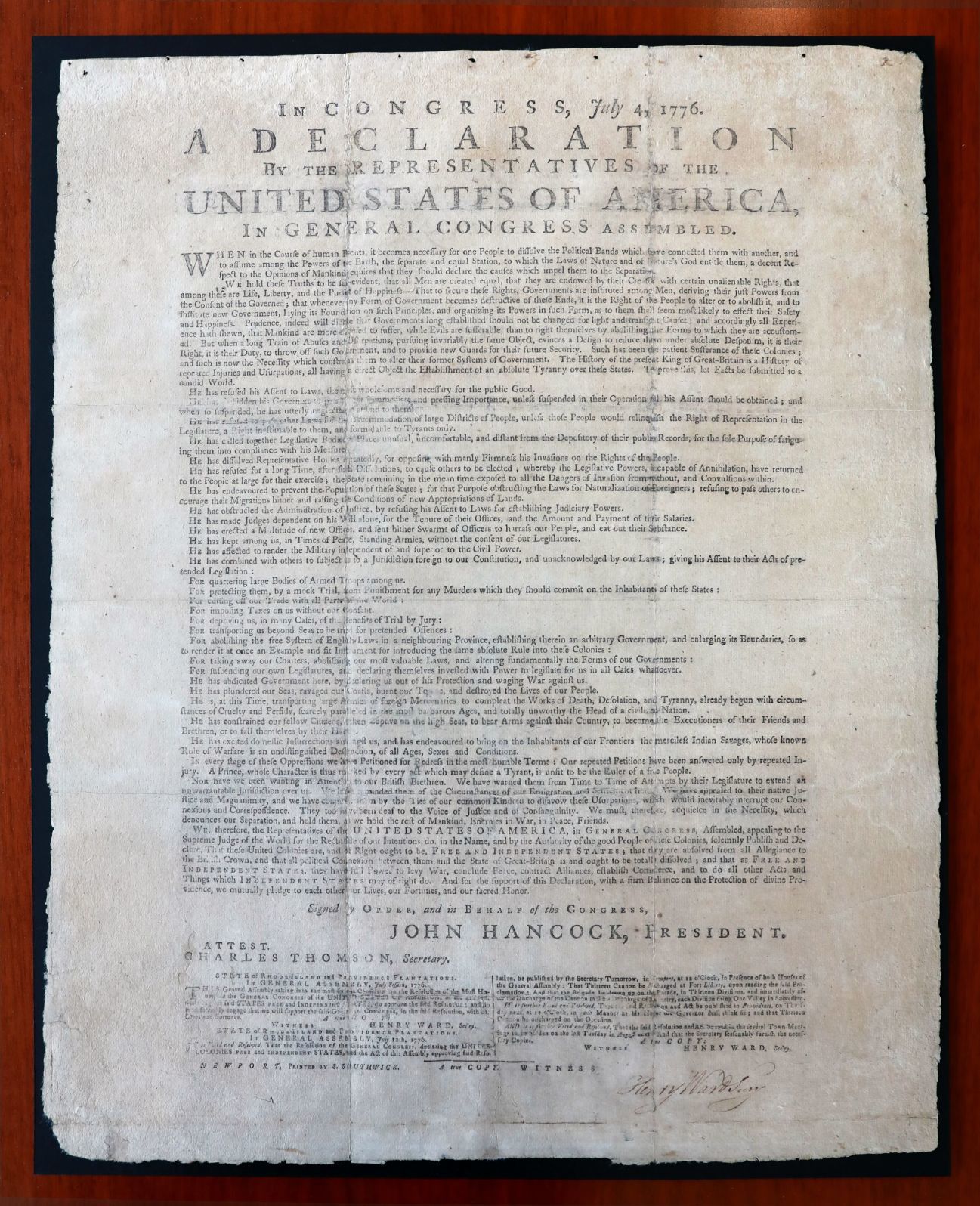 Southwick broadside of Declaration of Independence, on display at Washington University